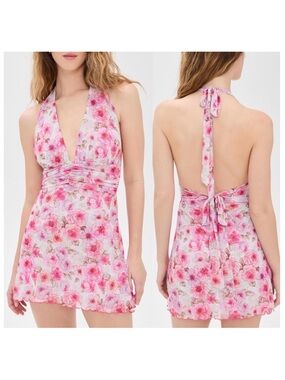 RESA Glint Floral Tie-Back Halter Mini Dress, NEW